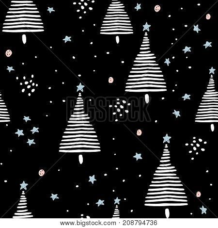 Holiday seamless pattern with ink drawn christmas tree. Black and white winter vector background. Perfect for wrapping paper fabric textile