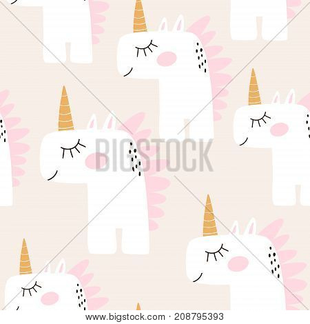 Cute seamless pattern with fairy unicorns. Childish texture for fabric textile. Scandinavian style. Vector Illustration