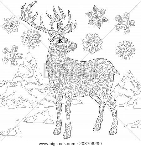 Coloring page of deer (reindeer) and winter snowflakes. Freehand sketch drawing for adult antistress coloring book in zentangle style with doodle elements.