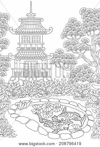 Coloring page of oriental temple. Japanese or chinese pagoda tower. Freehand sketch drawing for adult antistress coloring book in zentangle style.