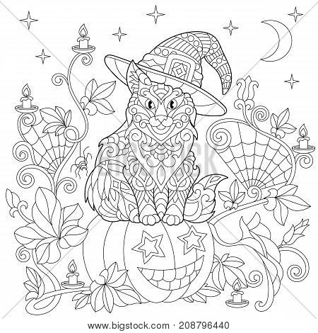 Halloween coloring page. Cat in a hat halloween pumpkin spider web lanterns with candles moon and stars. Freehand sketch drawing for adult antistress coloring book in zentangle style.