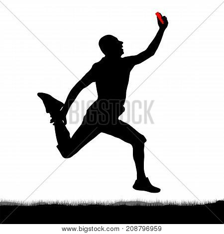 Long jump selfie silhouette. Original jump of a man with a smartphone in his hand