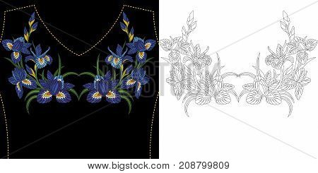 Embroidery neckline design. Iris flowers bouquet. Collection of floral elements for dresses t-shirts and blouses.