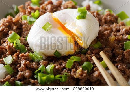 Beef Soboro With Egg Benedict And Green Onion Macro. Horizontal