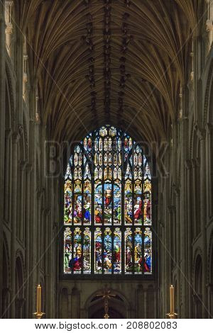 NORWICH, NORFOLK, 4TH OCTOBER 2017 - The 15th C West Window (with Victorian Mundesley stained glass from 1854) in Norwich Cathedral Norwich Norfolk UK