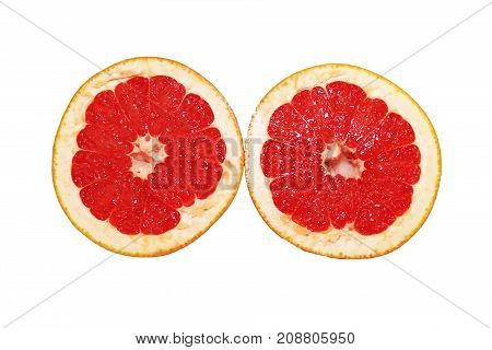 Ripe half of pink grapefruit citrus fruit isolated on white background