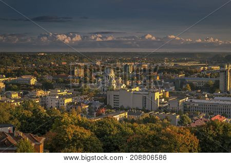 Kaunas aerial view from our Lord Jesus Christ's Resurrection Basilica on sunset, Lithuania.