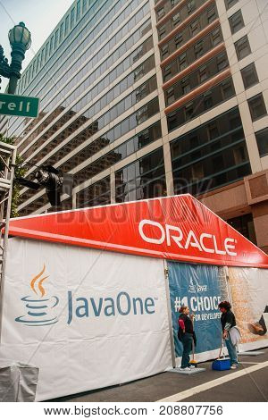 SAN FRANCISCO CA USA - SEPT 19 2010: The JavaOne conference zone at Taylor Street. The road was occupied by large pavilion of Oracle OpenWorld on Sept 19 2010 in San Francisco CA.