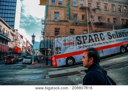 SAN FRANCISCO CA US - SEPT 21 2010: Bus for attendees of Oracle OpenWorld JavaOne conference transportation at downtown street in San Francisco on Sept 21 2010.