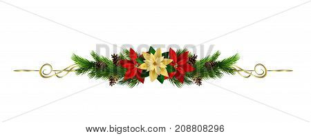 Christmas decoration with evergreen treess pine cones and poinsettia and golden swirls isolated vector