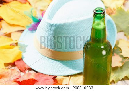 Bottle of Beer glass pint octoberfest picnic on natural background with hat and autumn yellow leaves