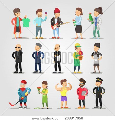 Cartoon People Professions Set with Musician, Gardener, Fashion Designer, Teacher, Florist. Vector illustration