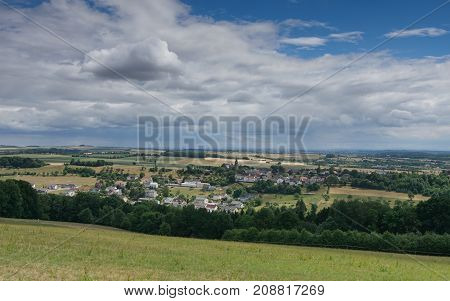 Panoramic view over village Wiersdorf, landscape of Eifel area close to Bitburg, Germany, Europe