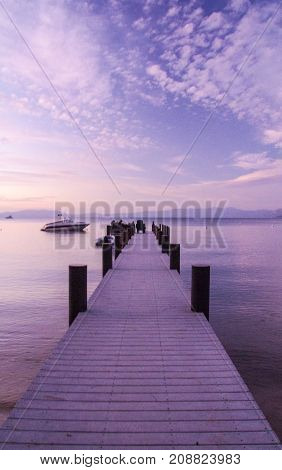Pier at sunset on Jameson Beach, Lake Tahoe