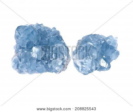 Blue celestite cluster isolated on white background