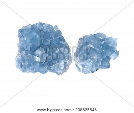Blue celestite cluster isolated on white background