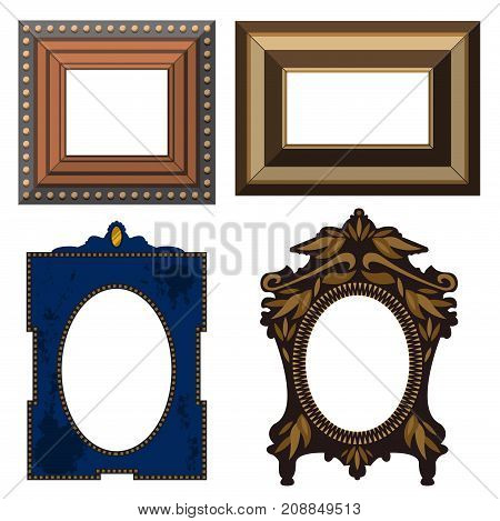 Picture frame museum interior exhibition decorative vector. Photo art gallery on vintage antique decoration wall. Photograph paper wooden square blanck.
