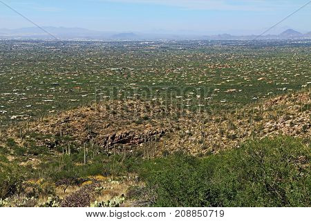 Bird's eye view of Tucson from Mount Lemmon in Arizona, USA in the Santa Catalina Mountains located in the Coronado National Forest with blue sky copy space.