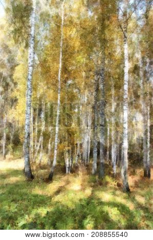 Tall Slender White Birch Trunks In A Golden Dress. Originally Russian Autumn Landscape Watercolor Il