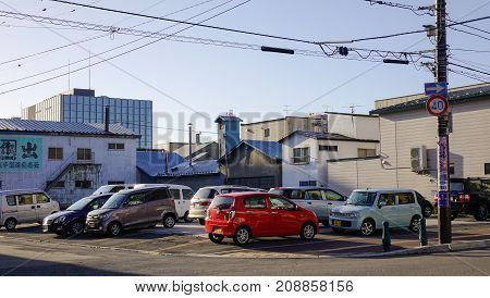 Cars At Parking Lot In Hakodate, Japan