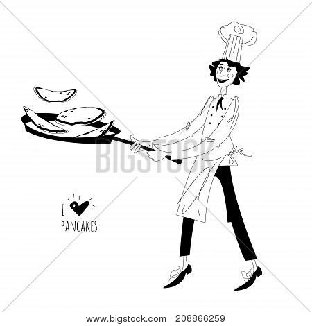 Junior chef. Boy tosses pancakes in large frying pan. Happy Pancake Day! Black and white. Vector illustration