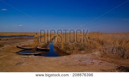 runed Urga fishing village at the shore of Sudochye lake aka part of former Aral sea at Karakalpakstan Uzbekistan