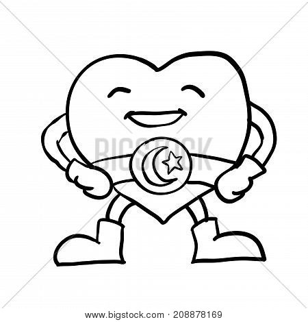Hand drawing of Cartoon smiling Heart with Crescent star on belt Superhero Character Sketch design for coloring book.Vector Illustration. - Vector Illustration