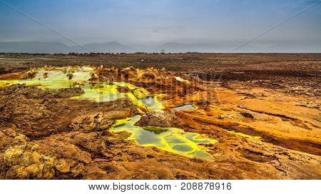 Panorama inside Dallol volcanic crater in Danakil depression Afar Ethiopia