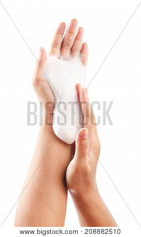 close up foam in two hand isolated on white background