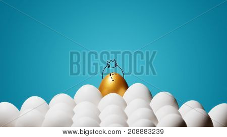 Concept of individuality exclusivity better choice winning and ambition. A smiling golden egg with funny drawn face and with a crown among white eggs on blue background.