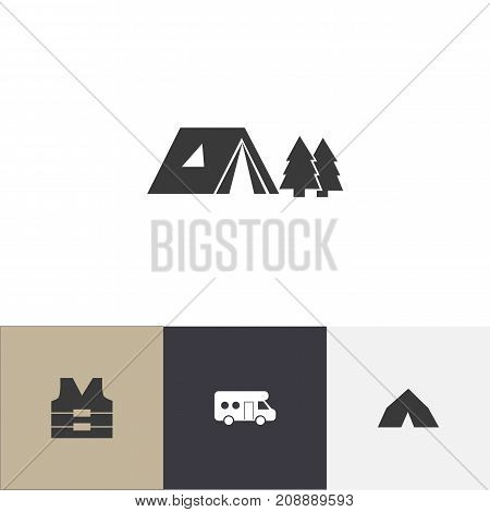 Set Of 4 Editable Travel Icons. Includes Symbols Such As Forest, Tepee, Life Vest And More