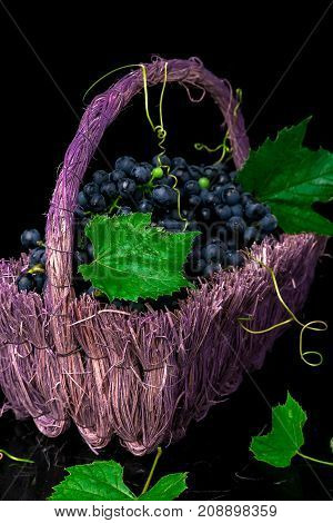 Red Wine Grapes In Voiolet Basket On Bllack Background.