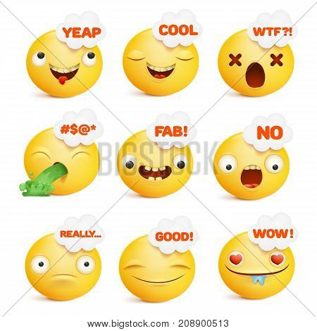 Set of yellow smiley face emoticon characters in various emotions. Vector illustration