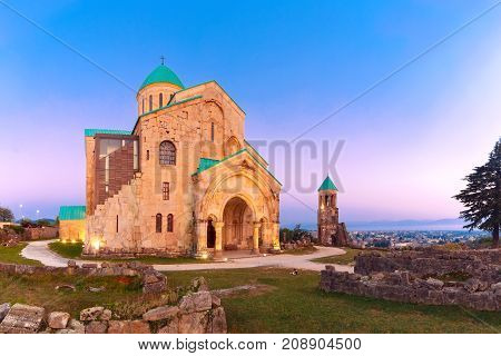The Cathedral of the Dormition, or the Kutaisi Cathedral, more commonly known as Bagrati Cathedral during evening blue hour, Kutaisi, Imereti, Georgia