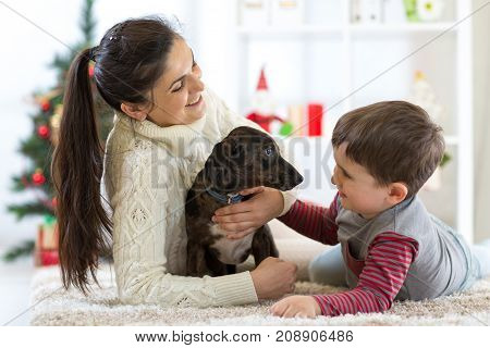 Pretty woman her son and dog enjoying in cuddling in Christmas time
