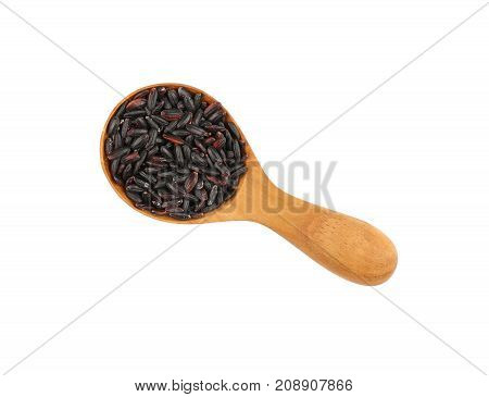 Black Purple Raw Rice In Wooden Scoop On White