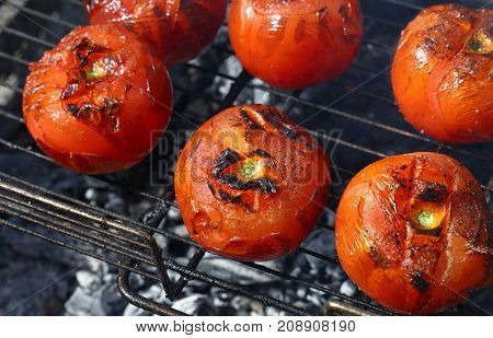 Red Tomatoes Cooked On Bbq Grill Close Up