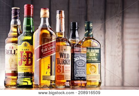 POZNAN POLAND - MAY 17 2017: Whiskey is the most popular liquor in the world. Originated probably in Ireland now it is produced on grand scale also in India Scotland USA Canada and Japan