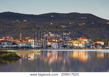 NYDRI, GREECE - OCTOBER 2, 2017: Town of Lefkada as seen over the lagoon from a distance, Greece on October 2, 2017.