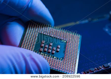 Electronic engineer of computer technology. Maintenance computer cpu hardware upgrade of motherboard component. Pc repair, technician and industry support concept