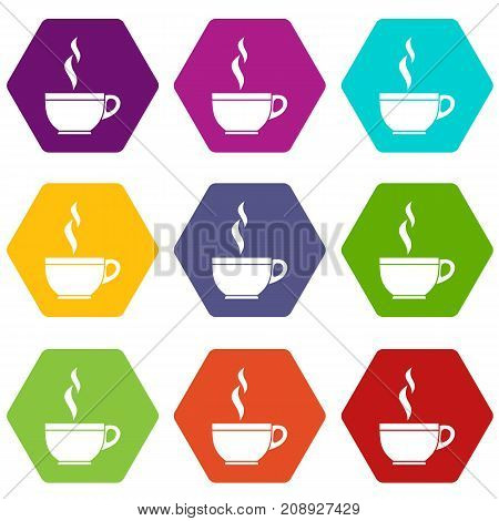 Glass cup of tea icon set many color hexahedron isolated on white vector illustration