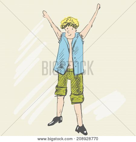 A joyful blond man got to the goal. A teenager raised his hands up. A person is dressed in torn clothes, rolled up green pants to a knees. Sketch style. Vector cartoon illustration