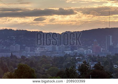 Portland Oregon city skyline by Marquam Bridge Freeway during sunset USA America