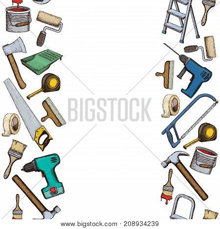 Seamless vertical borders of building repair tools, colorful sketch illustration of repair tool. Vector