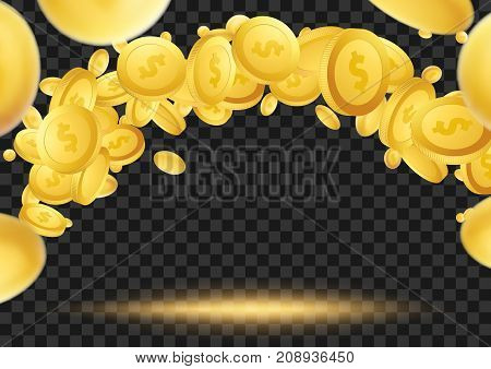 Flying golden coins over dark transparent background. million dollar lottery game reward looning in the air. Vector illustration