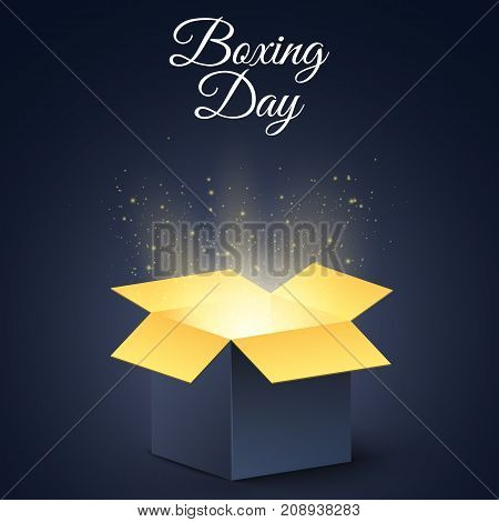 Happy boxing day. A dark golden magic box. Christmas mysterious gift. Poster for sale. Vector illustration