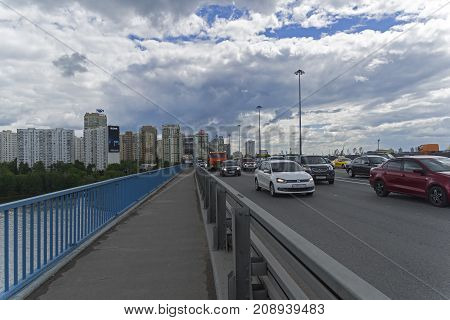 MOSCOW RUSSIA JUNE 17 2017: Leningrad Bridge across the Moscow Canal. A cloudy day in June. Moscow Russia.