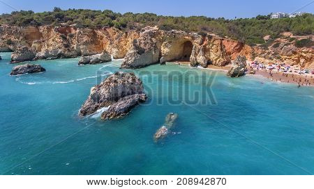 Aerial. Rocks and beaches near the beaches of Portimao.
