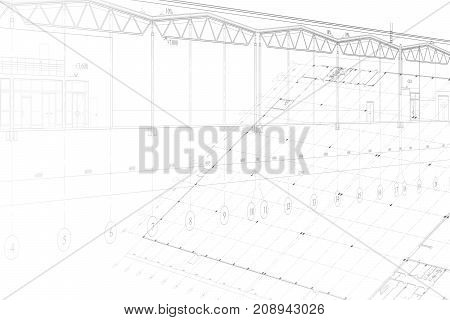 Abstract architectural project of industrial building on the white background