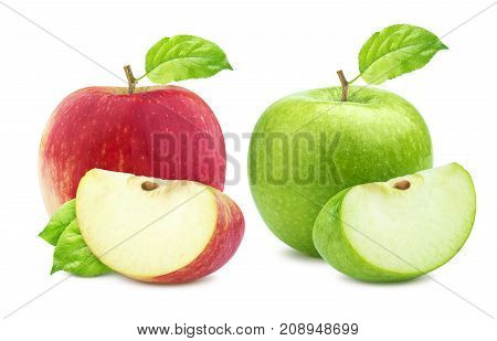 Apple collection. One green and single red apples and quarter piece isolated on white background with clipping path